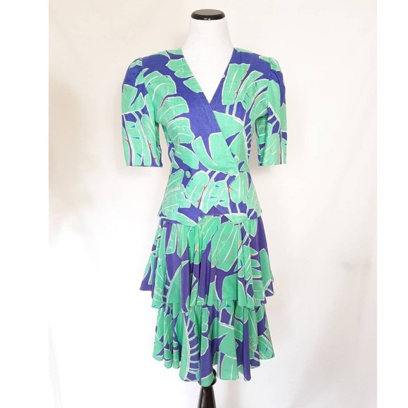 VTG Rickie Freeman Banana Leaf Print Two Piece Linen Jacket & Silk Skirt Set - Picture 1 of 10